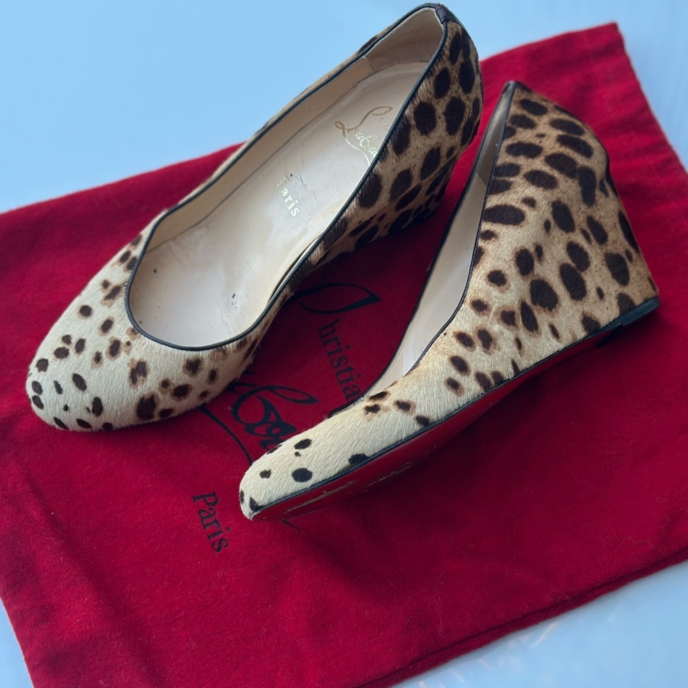 SOLD - Christian Louboutin Leopard Pony Hair Wedge Pumps - 39.5